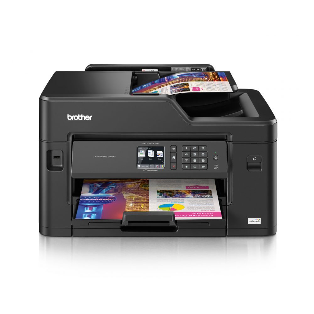 A3 Printing. Auto 2-sided print. Fast print speeds of up to 22ipm mono and 20 ipm colour. 250 sheet paper input | 50 sheet ADF (sort copy up to 30 sheets) Rear manual feed. 6.8cm Touchscreen LCD. Wired and wireless connectivity.